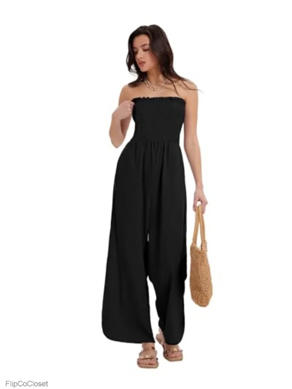 Women's Linen Blend Strapless Wide Leg Jumpsuit Romper Resort Vacation